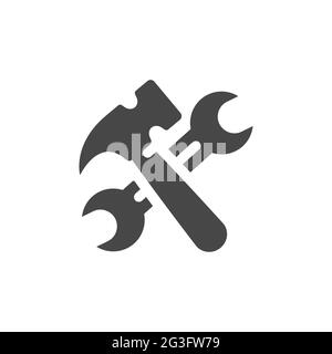 Wrench or spanner and hammer crossed icon. Under construction black vector symbol. Stock Vector