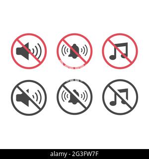 No noise red prohibition sign set. No music, no sound signs with megaphone, bell and music notes vector icon. Stock Vector