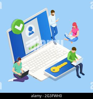 Isometric Two steps authentication on computer. Smartphone and computer safety login or signin, two steps verification via mobile phone and laptop Stock Vector