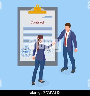 Isometric signed a contract with a stamp and with a signature. The form of the document. Business financial agreement or contract. Contract signing. Stock Vector