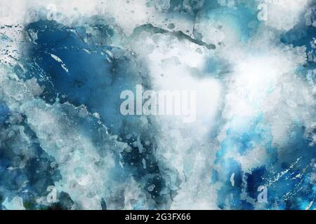 Abstract electric blue planet surface watercolor background. Artistic painted background for design, wallpaper, texture. Modern art. Contemporary art. Stock Photo