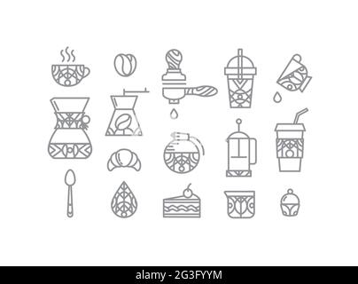 Coffee icons in flat style drawing by thin grey lines on white background Stock Vector