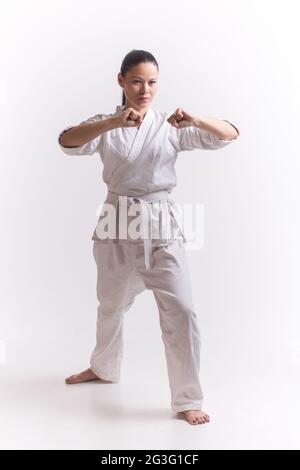 Woman show block in martial art exercise Stock Photo
