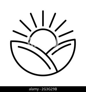 Sunrise icon. Sunrise over leaves. Linear conceptual icon. Vector illustration. Black linear ECO icon Stock Vector