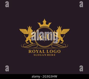 AU Letter Lion Royal Luxury Heraldic,Crest Logo template in vector art for Restaurant, Royalty, Boutique, Cafe, Hotel, Heraldic, Jewelry, Fashion and Stock Vector
