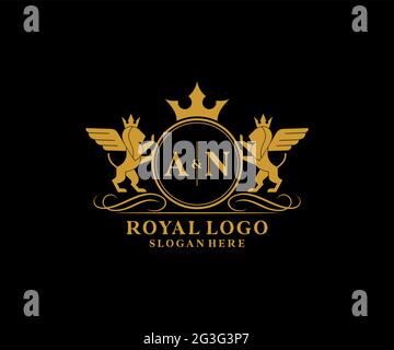 AN Letter Lion Royal Luxury Heraldic,Crest Logo template in vector art for Restaurant, Royalty, Boutique, Cafe, Hotel, Heraldic, Jewelry, Fashion and Stock Vector