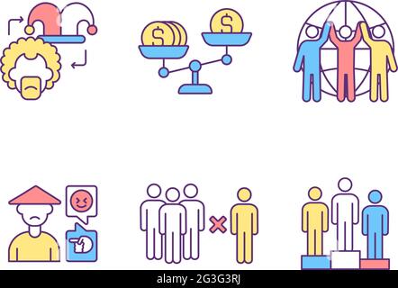 Racial discrimination RGB color icons set Stock Vector