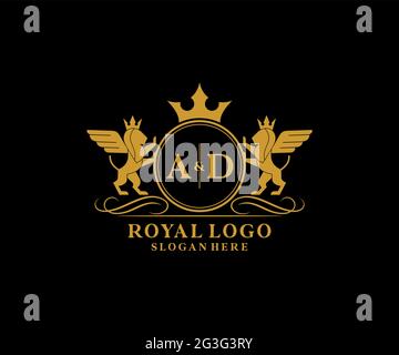 AD Letter Lion Royal Luxury Heraldic,Crest Logo template in vector art for Restaurant, Royalty, Boutique, Cafe, Hotel, Heraldic, Jewelry, Fashion and Stock Vector