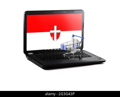 Isolated on white background laptop with Vienna flag on display, online shopping sale concept Stock Photo