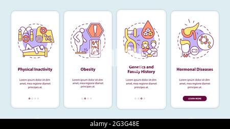 Diabetes causes onboarding mobile app page screen Stock Vector