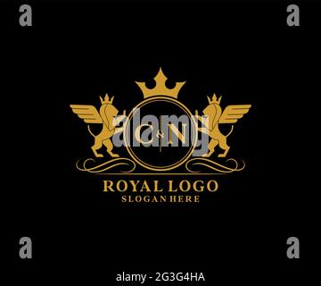 CN Letter Lion Royal Luxury Heraldic,Crest Logo template in vector art for Restaurant, Royalty, Boutique, Cafe, Hotel, Heraldic, Jewelry, Fashion and Stock Vector
