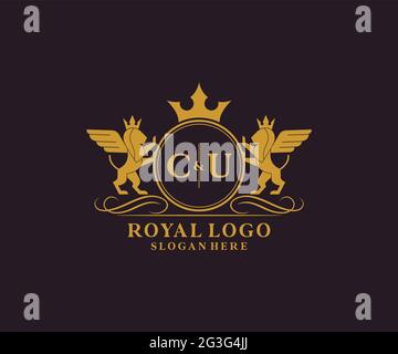 CU Letter Lion Royal Luxury Heraldic,Crest Logo template in vector art for Restaurant, Royalty, Boutique, Cafe, Hotel, Heraldic, Jewelry, Fashion and Stock Vector