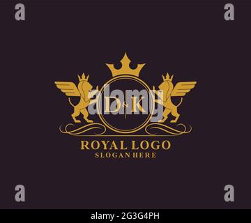 DK Letter Lion Royal Luxury Heraldic,Crest Logo template in vector art for Restaurant, Royalty, Boutique, Cafe, Hotel, Heraldic, Jewelry, Fashion and Stock Vector