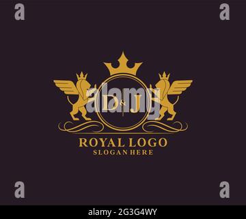 DJ Letter Lion Royal Luxury Heraldic,Crest Logo template in vector art for Restaurant, Royalty, Boutique, Cafe, Hotel, Heraldic, Jewelry, Fashion and Stock Vector