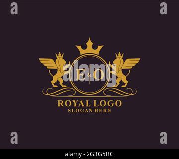 EO Letter Lion Royal Luxury Heraldic,Crest Logo template in vector art for Restaurant, Royalty, Boutique, Cafe, Hotel, Heraldic, Jewelry, Fashion and Stock Vector