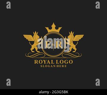 ER Letter Lion Royal Luxury Heraldic,Crest Logo template in vector art for Restaurant, Royalty, Boutique, Cafe, Hotel, Heraldic, Jewelry, Fashion and Stock Vector