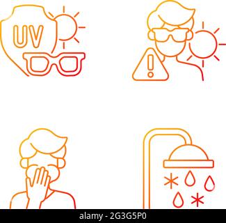 UV rays exposure risk gradient linear vector icons set Stock Vector