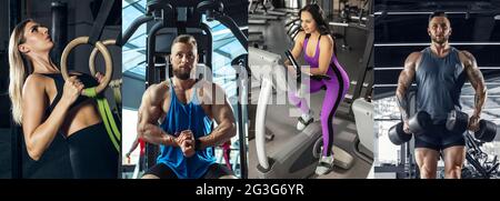 Collage about fit man and woman at the fitness gym. Sport, training, athlete, workout, exercises concept Stock Photo