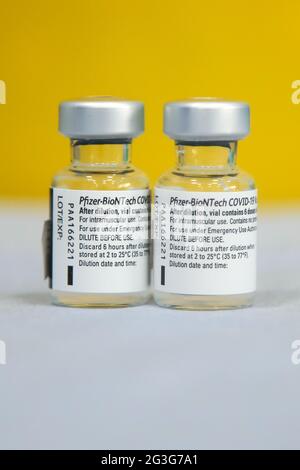 London, UK. 14th June, 2021. Vials containing Pfizer Covid-19 vaccine seen at a vaccination centre in London. (Photo by Dinendra Haria /SOPA Images/Sipa USA) Credit: Sipa USA/Alamy Live News Stock Photo
