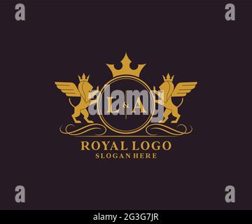 LA Letter Lion Royal Luxury Heraldic,Crest Logo template in vector art for Restaurant, Royalty, Boutique, Cafe, Hotel, Heraldic, Jewelry, Fashion and Stock Vector