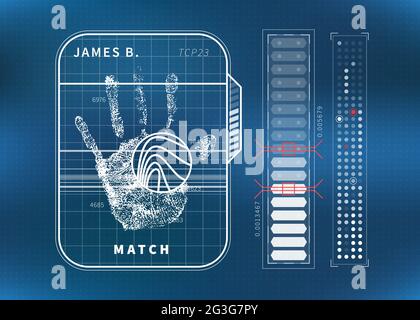 Fingerprint scan with human palm and charts, futuristic tech ui concept on blue Stock Vector