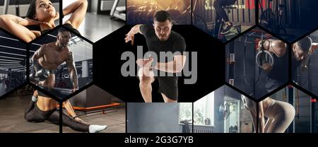 Collage about fit man and woman at the fitness gym. Sport, training, athlete, workout, exercises concept Stock Photo