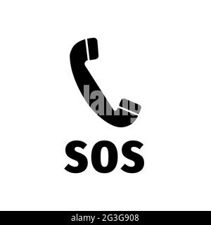 Helpline SOS symbol with handset silhouette, simple black call pointer icon on white Stock Vector