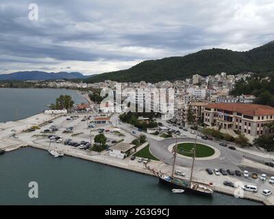 Aerial View Wooden Old Ship Docked In Coast Of Igoumenitsa City In Greece Stock Photo