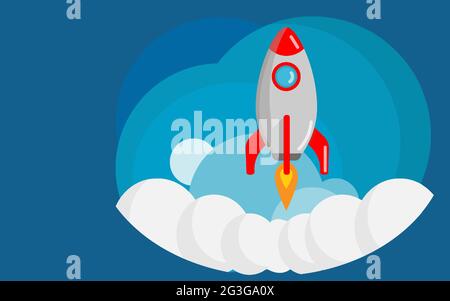 Rocket on blue background.flying shuttl.  Stock Vector