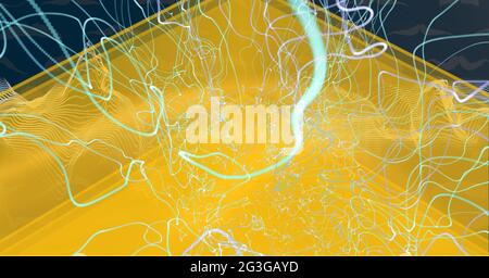 Digitally generated image of green glowing wavy light trails against yellow technology background Stock Photo