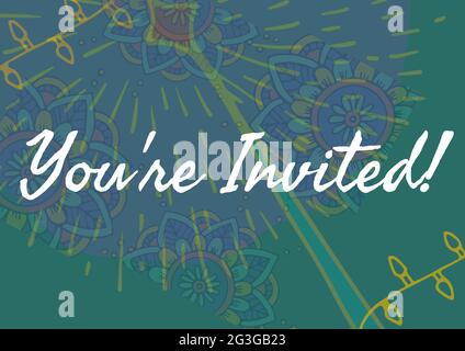 You are invited text against colorful floral designs on green background Stock Photo