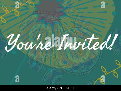 You are invited text against colorful floral designs on green background Stock Photo