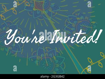 You are invited text against colorful floral designs on green background Stock Photo