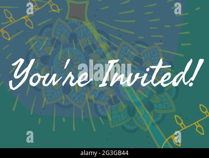 You are invited text against colorful floral designs on green background Stock Photo