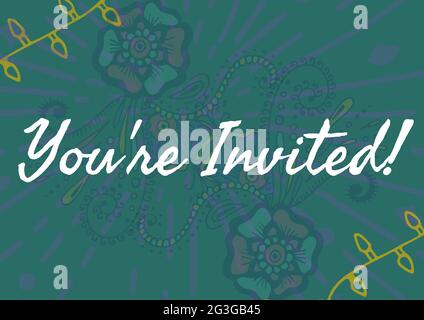 You are invited text against colorful floral designs on green background Stock Photo