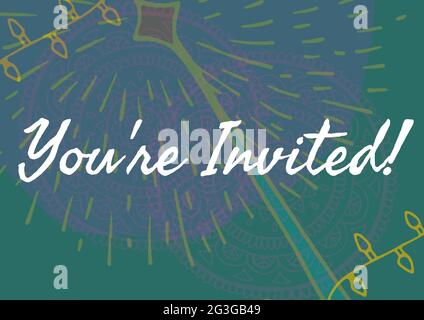 You are invited text against colorful floral designs on green background Stock Photo