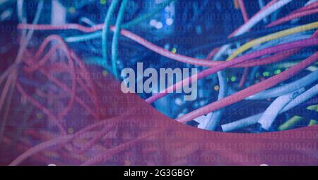 Binary coding data processing against close up of computer server against red technology concept Stock Photo