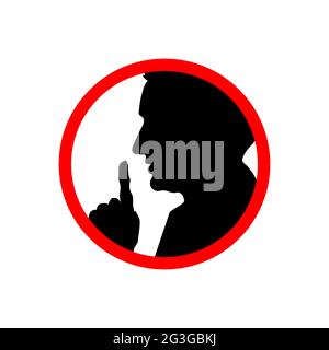 Man face profile with hand, shhh forbidden icon on white, please keep quiet sign Stock Vector
