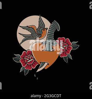 Illustration vector wild swallow bird dagger love with roses in traditional tattoo style Stock Vector