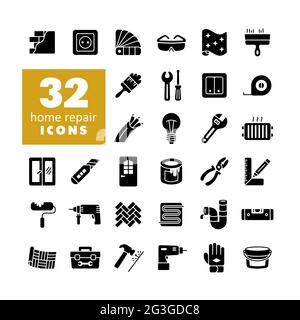 Set of building construction and home repair vector glyph icons. Graph symbol for your web site design, logo, app, UI Stock Vector
