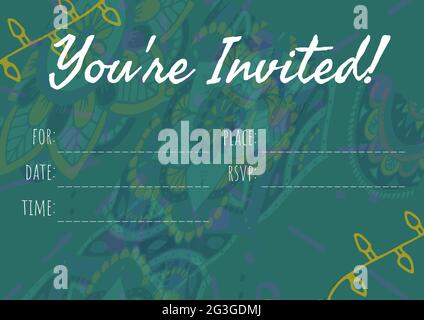 You are invited text with copy space against decorative colorful floral designs on green background Stock Photo