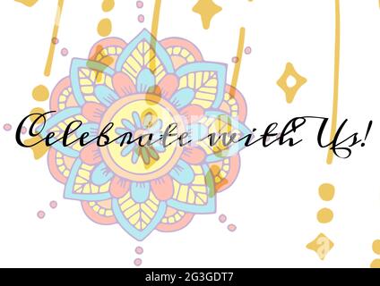 Celebrate with us text against colorful floral designs and purple spots