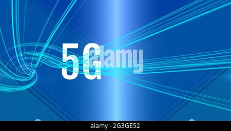 Digitally generated image of neon green light trails over 5g text on blue technology background Stock Photo