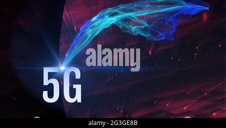 Blue digital waves over 5g text against red square shapes on black technology background Stock Photo