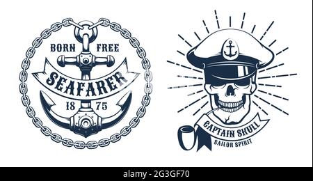 Ship Captain skull head - retro logo Stock Vector