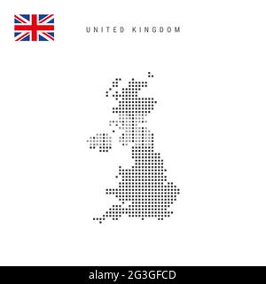 Square dots pattern map of United Kingdom. British dotted pixel map with national flag isolated on white background. Vector illustration. Stock Vector