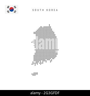 Square dots pattern map of South Korea. South Korean dotted pixel map with national flag isolated on white background. Vector illustration. Stock Vector