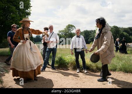 Tilda Swinton, Writer/Director Armando Iannucci, Dev Patel, 'The Personal History of David Copperfield' (2021)  Credit: Searchlight Pictures / The Hollywood Archive Stock Photo