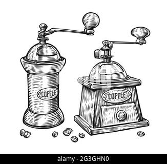 Coffee mill set. Hand drawn vintage sketch in engraving style Stock Vector