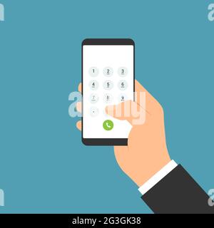 Flat design illustration of manager hand and touch screen smartphone. Dial bright keyboard with numbers and letters - vector Stock Vector